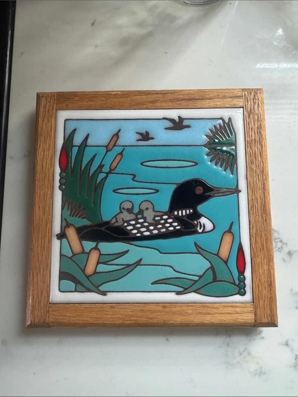Handmade Loon Ceramic Tile Trivet Art with Wooden Frame - Picture 1 of 4